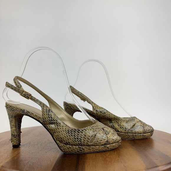 Womens Stuart Weitzman Beige Snakeskin Leather Peep Toe Slingback Heels Size 5.5 - Picture 1 of 10